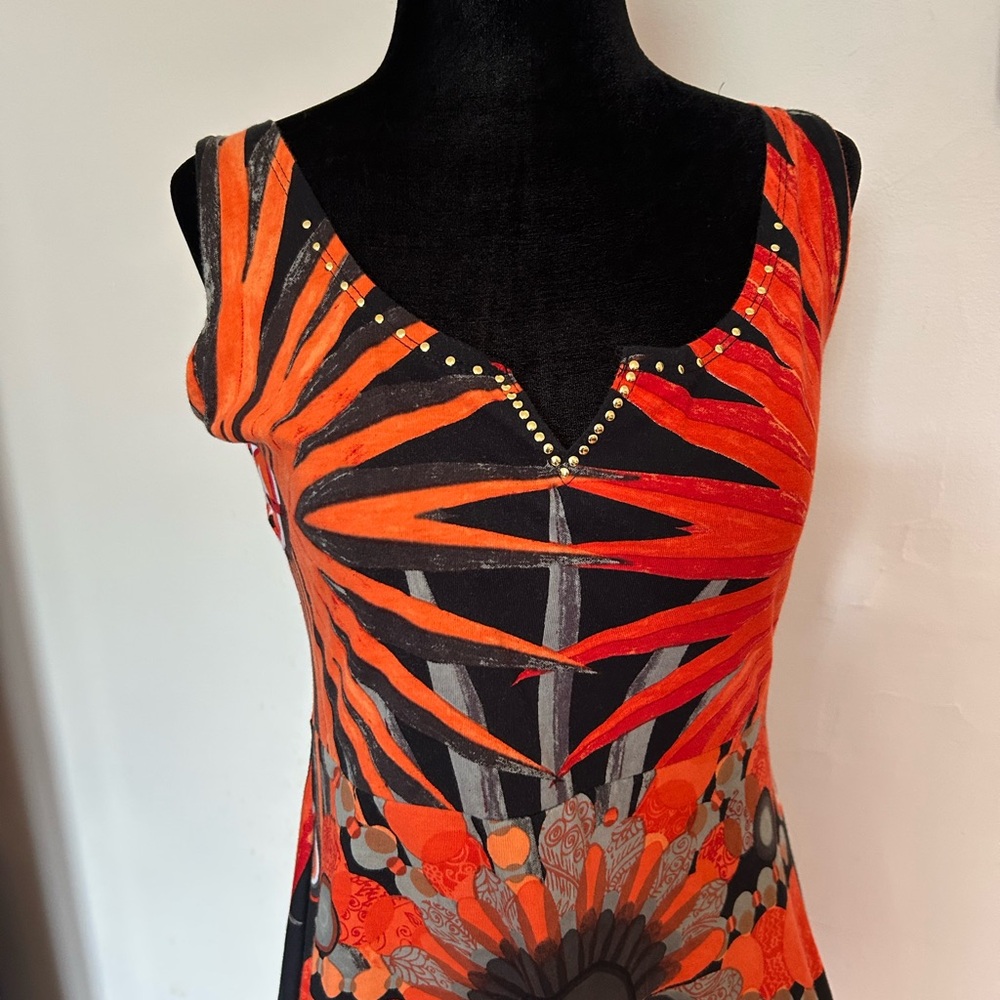 Desigual Black and Orange Sleeveless V-Neck Midi Dress - Picture 2 of 7